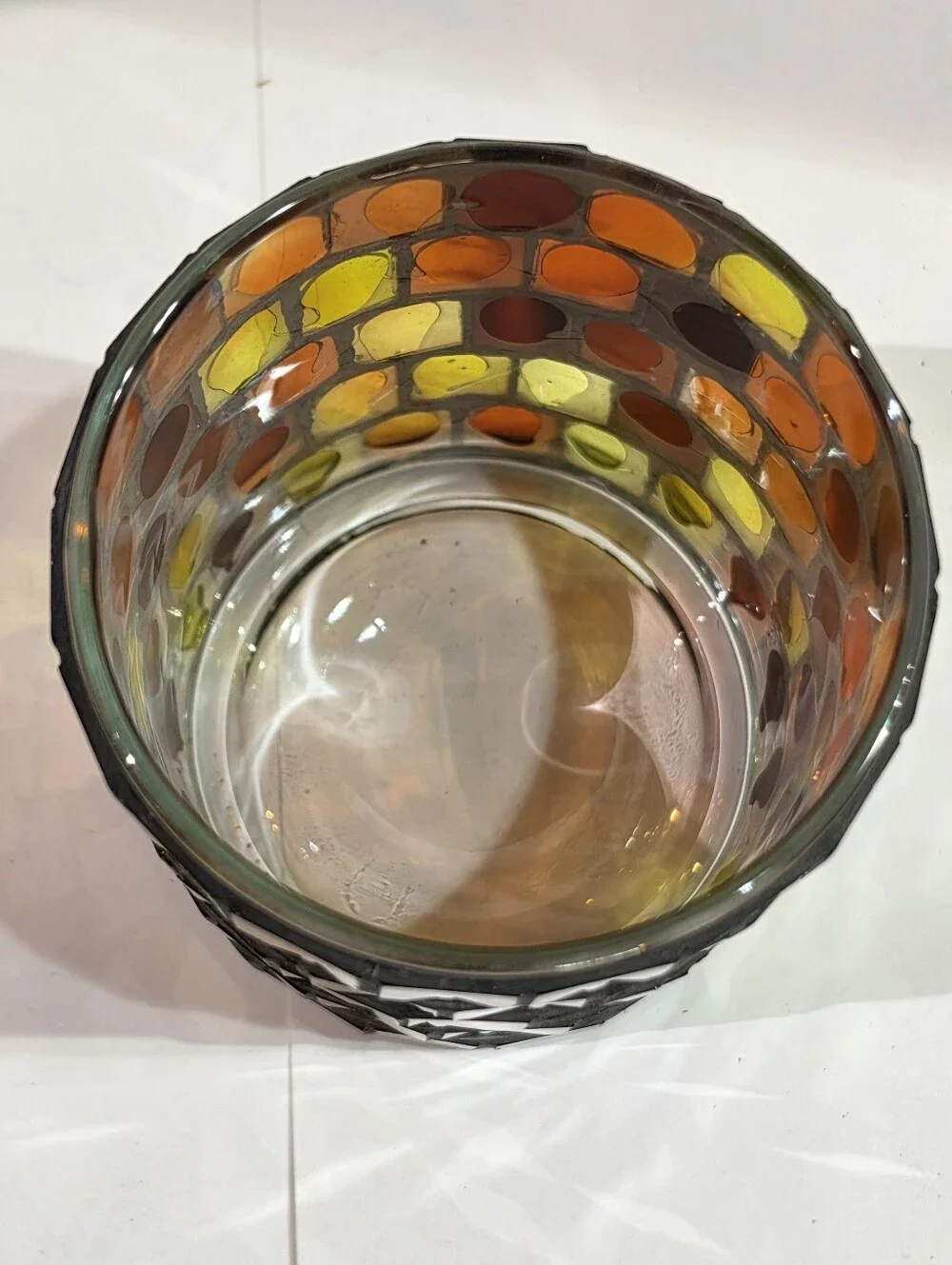 Handmade Mosaic Glass Candle Holder Votive Lantern Autumn Amber Orange Red Boho
